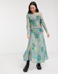 Weekday Keeley blurred floral print mesh midi dress in multi tie dye