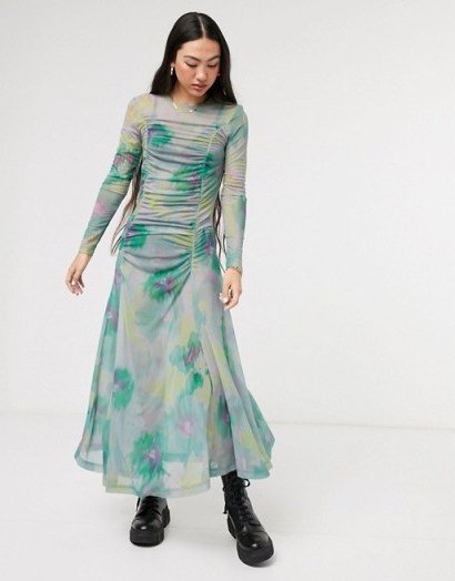 Weekday Keeley blurred floral print mesh midi dress in multi tie dye - flipped