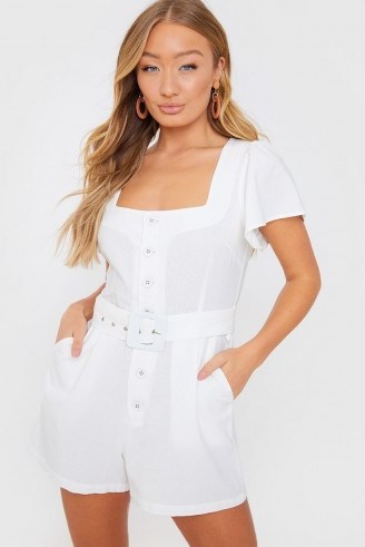 IN THE STYLE WHITE BELTED WOVEN PLAYSUIT – square neck summer playsuits - flipped