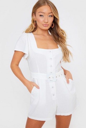 IN THE STYLE WHITE BELTED WOVEN PLAYSUIT – square neck summer playsuits