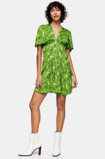 Topshop Willow Green Floral Print Angel Sleeve Mini Dress / floaty spring dresses
