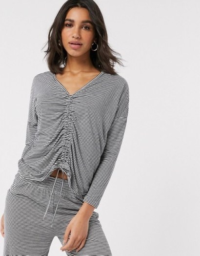 Women’secret knit ruched lounge set in grey stripe - flipped