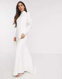 Y.A.S Wedding highneck fishtail dress with embellished cuffs in white – bridal dresses