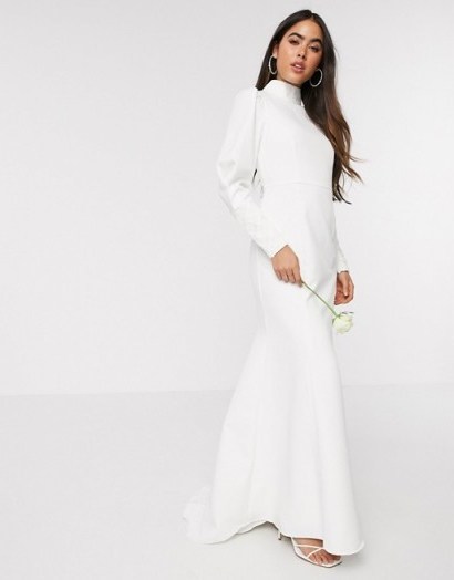 Y.A.S Wedding highneck fishtail dress with embellished cuffs in white – bridal dresses - flipped