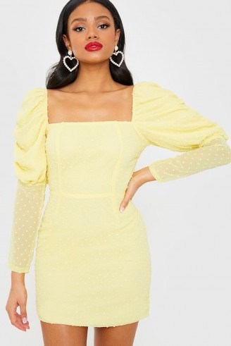 IN THE STYLE YELLOW DOBBY MESH PUFF SLEEVE DRESS – square neck going out dresses - flipped