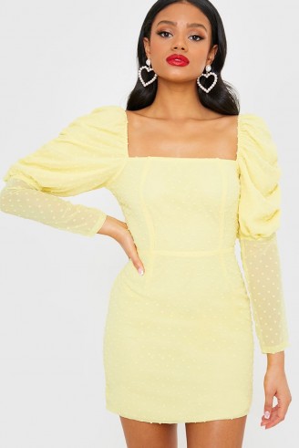 IN THE STYLE YELLOW DOBBY MESH PUFF SLEEVE DRESS – square neck going out dresses