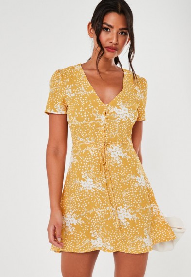 MISSGUIDED yellow floral half button tea dress