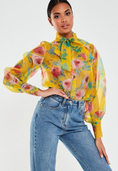 Missguided yellow floral organza pussybow shirt - flipped