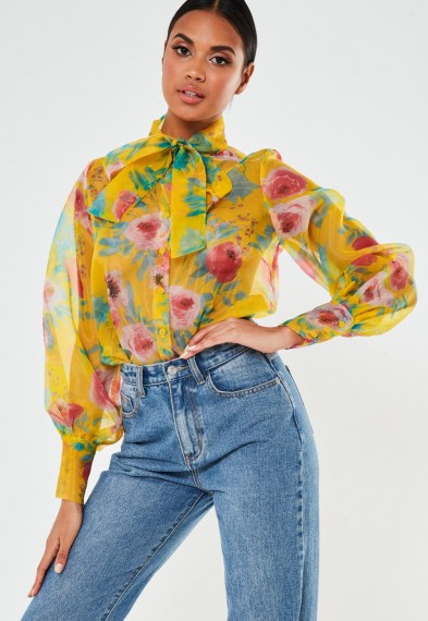 Missguided yellow floral organza pussybow shirt