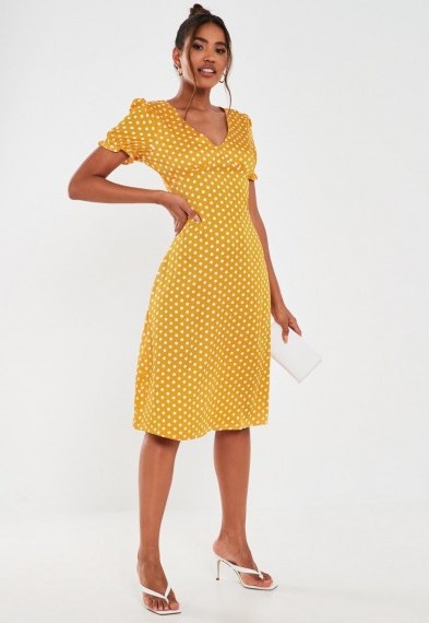 Missguided yellow satin polka dot ruched bust midi dress - flipped