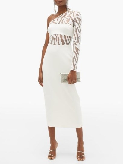 DAVID KOMA Zebra-embroidered cotton-blend dress in white ~ one shoulder design - flipped