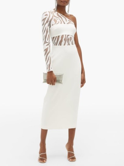 DAVID KOMA Zebra-embroidered cotton-blend dress in white ~ one shoulder design