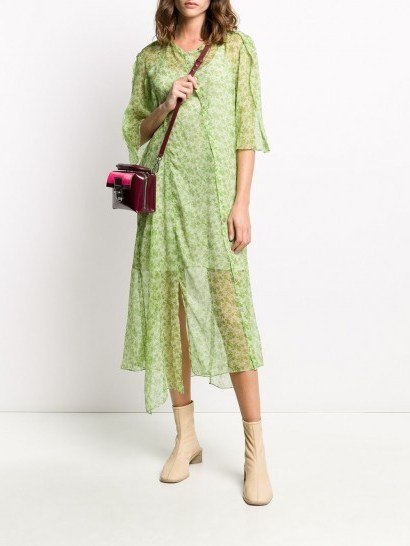 ACNE STUDIOS green floral-print dress ~ asymmetric hemline - flipped