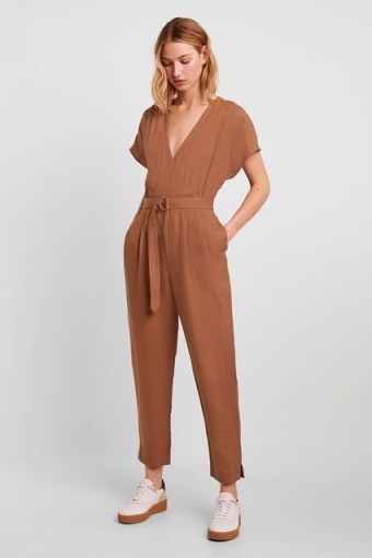 FRENCH CONNECTION ANESHA LINEN BELTED V NECK JUMPSUIT Otter Tan - flipped