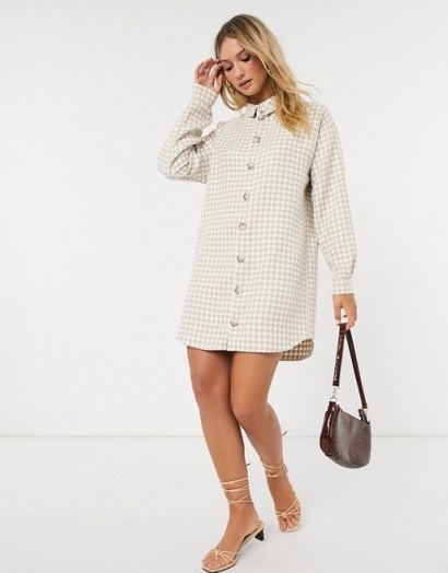 ASOS DESIGN boucle mini shirt dress in camel/ivory houndstooth - flipped
