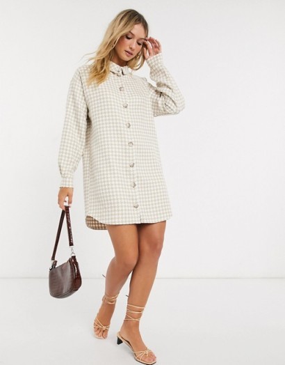 ASOS DESIGN boucle mini shirt dress in camel/ivory houndstooth