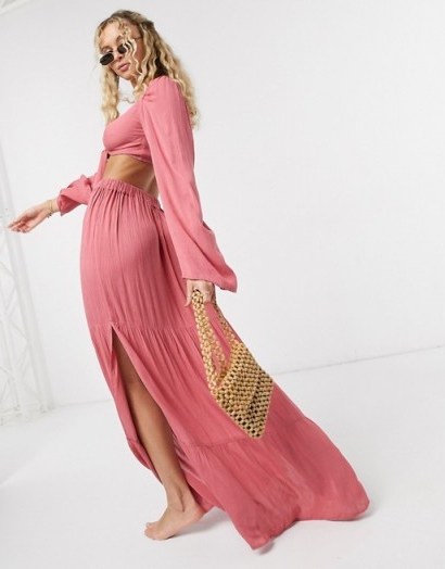 ASOS DESIGN bunny tie beach maxi co-ord in berry pink - flipped