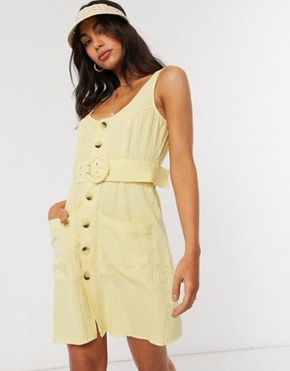 ASOS DESIGN button through linen mini sundress with self covered belt in yellow ~ belted sundresses - flipped