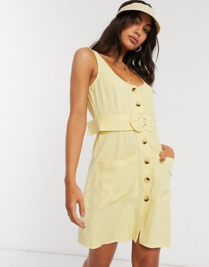 ASOS DESIGN button through linen mini sundress with self covered belt in yellow ~ belted sundresses