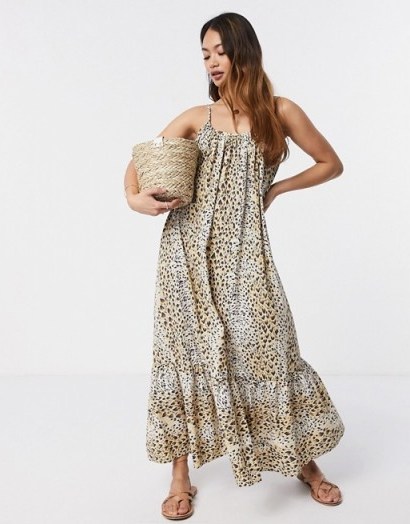 ASOS DESIGN cami cotton poplin trapeze maxi dress with pep hem in leopard print. STRAPPY SUMMER DRESSES - flipped