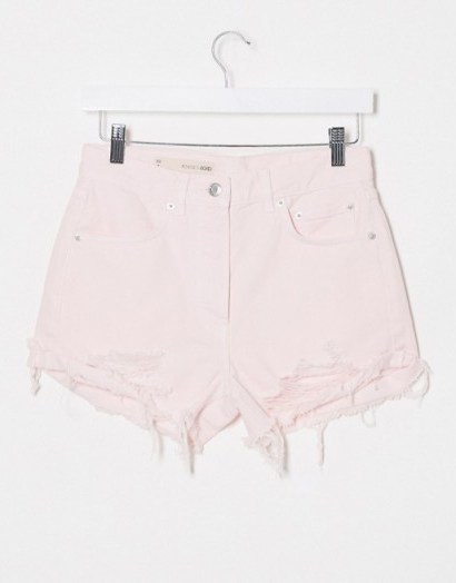 ASOS DESIGN denim mid rise relaxed ripped shorts in pink - flipped