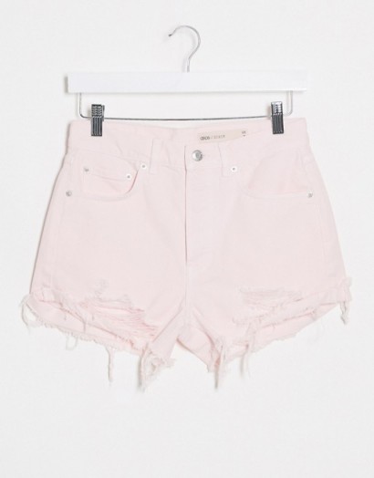 ASOS DESIGN denim mid rise relaxed ripped shorts in pink