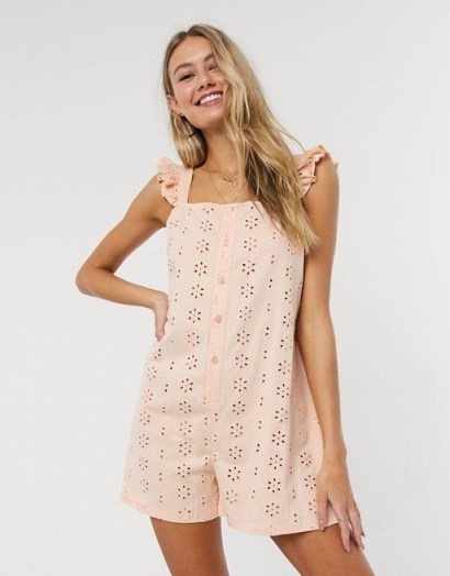 ASOS DESIGN frill sleeve broderie playsuit in pale pink - flipped