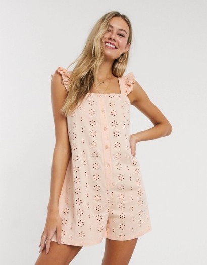 ASOS DESIGN frill sleeve broderie playsuit in pale pink