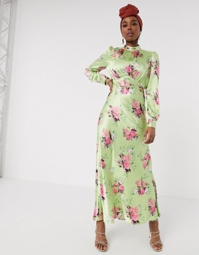ASOS DESIGN high neck maxi satin tea dress in bright floral print – Green based floral - flipped