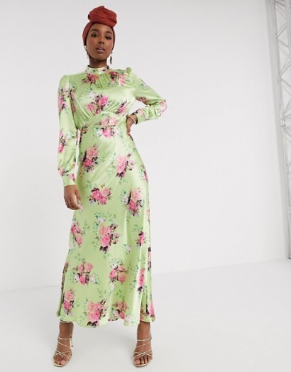 ASOS DESIGN high neck maxi satin tea dress in bright floral print – Green based floral