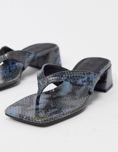 ASOS DESIGN Humid premium leather mid-heeled flip flops in blue snake - flipped