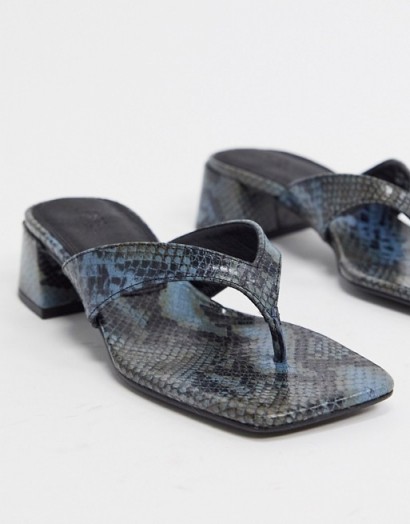 ASOS DESIGN Humid premium leather mid-heeled flip flops in blue snake
