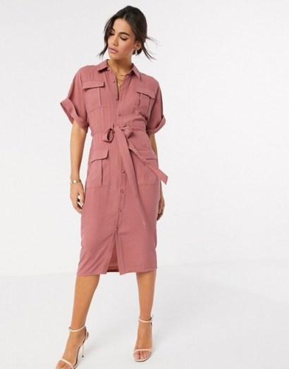 ASOS DESIGN linen utility button through shirt midi dress with drawstring waist in rose - flipped