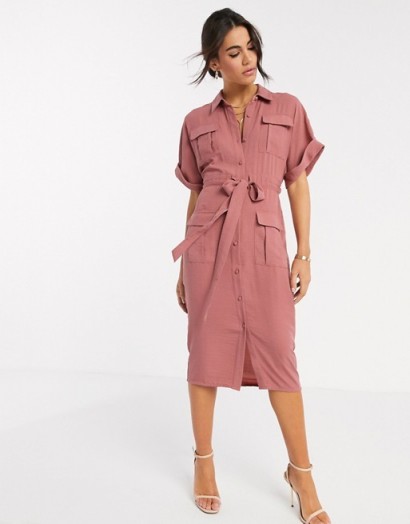 ASOS DESIGN linen utility button through shirt midi dress with drawstring waist in rose