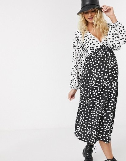 ASOS DESIGN Maternity exclusive smock midi dress in mono mix spot / monochrome pregnancy fashion - flipped
