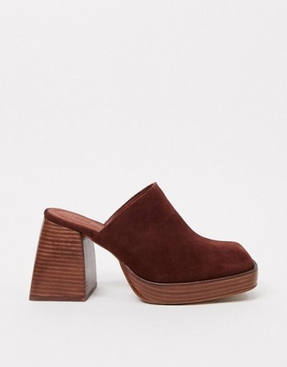 ASOS DESIGN Paloma premium suede heeled mules in tan – seventies look summer shoes - flipped