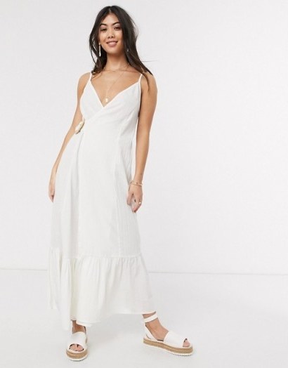 ASOS DESIGN Petite cami wrap maxi dress in linen with wicker belt in white | frill hem skinny strap summer dresses - flipped