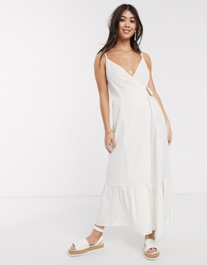 ASOS DESIGN Petite cami wrap maxi dress in linen with wicker belt in white | frill hem skinny strap summer dresses