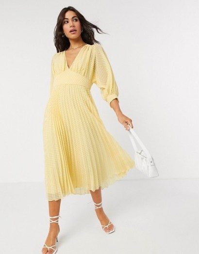 ASOS DESIGN pleated batwing midi dress in chevron dobby in yellow ~ plunge-front pleated dresses - flipped