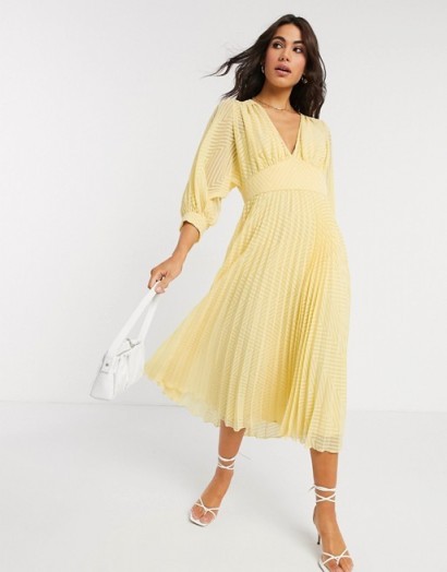 ASOS DESIGN pleated batwing midi dress in chevron dobby in yellow ~ plunge-front pleated dresses