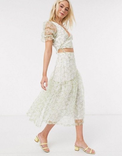 ASOS DESIGN short sleeve organza wrap top and midi skirt in floral print co-ord / feminine and floaty fashion sets - flipped