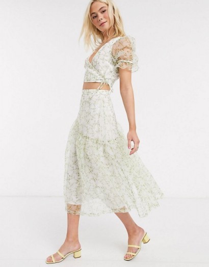 ASOS DESIGN short sleeve organza wrap top and midi skirt in floral print co-ord / feminine and floaty fashion sets