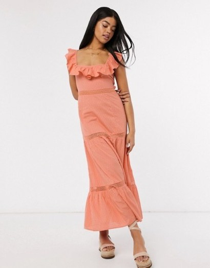 ASOS DESIGN square neck lace insert tiered maxi dress with lace up back in coral - flipped