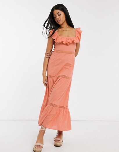 ASOS DESIGN square neck lace insert tiered maxi dress with lace up back in coral