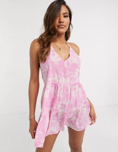 ASOS DESIGN tiered halter beach sundress in pink tie dye print ~ beachwear