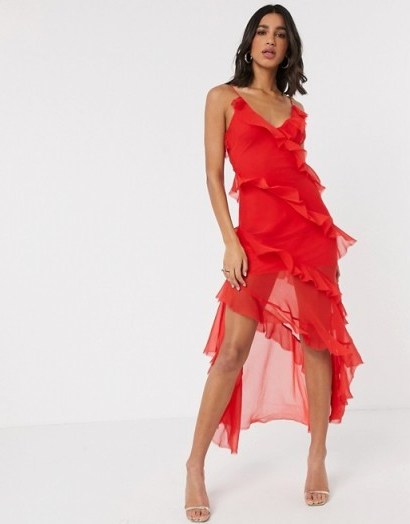 ASOS DESIGN tiered ruffle cami slip maxi dress in Red - flipped