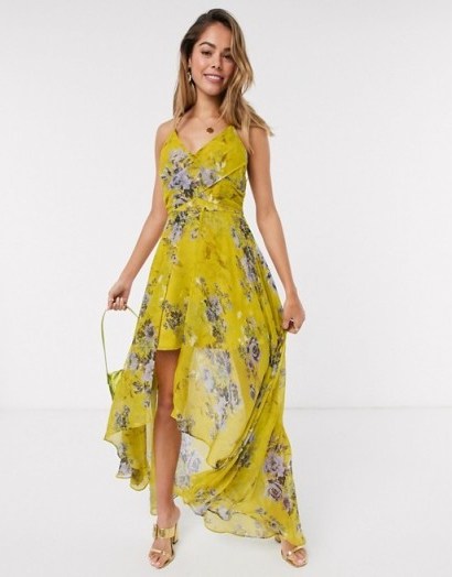 ASOS DESIGN wrap front maxi dress with dipped hem in yellow based floral print | fashion for summer parties - flipped