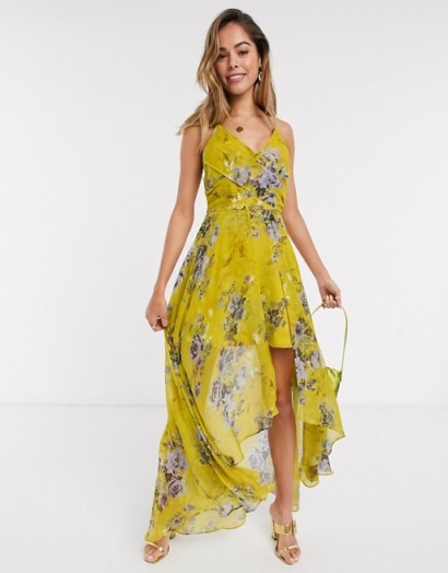 ASOS DESIGN wrap front maxi dress with dipped hem in yellow based floral print | fashion for summer parties
