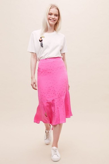Essentiel Antwerp Chara Polka-Dot Silk Midi Skirt Medium Pink / asymmetrical frill hemline - flipped