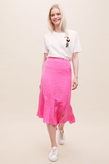 Essentiel Antwerp Chara Polka-Dot Silk Midi Skirt Medium Pink / asymmetrical frill hemline